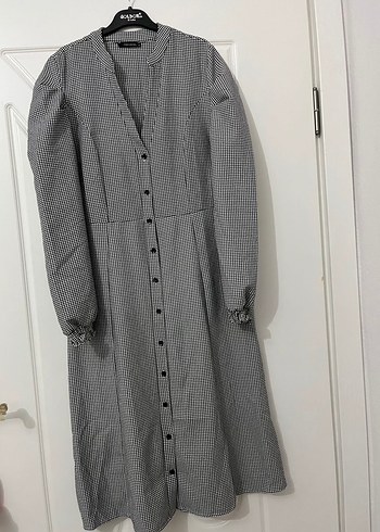 Gri Ekose V Yaka Uzun Kollu Elbise - Görsel 3