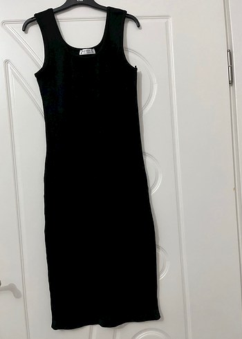 Siyah V Yaka Midi Kalem Elbise - Görsel 3