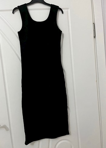 Siyah V Yaka Midi Kalem Elbise - Görsel 4