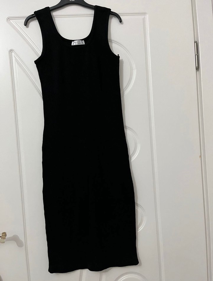 Siyah V Yaka Midi Kalem Elbise - Görsel 3