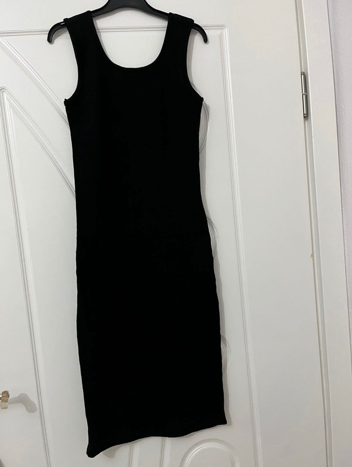 Siyah V Yaka Midi Kalem Elbise - Görsel 4