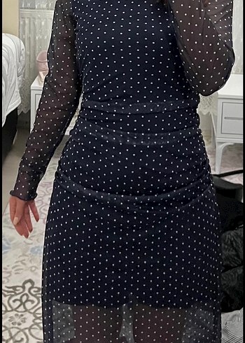 Puantiye Desenli Lacivert Uzun Kollar Uzun Elbise - Görsel 2