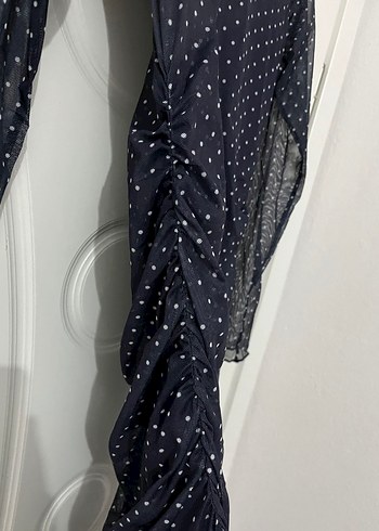 Puantiye Desenli Lacivert Uzun Kollar Uzun Elbise - Görsel 5
