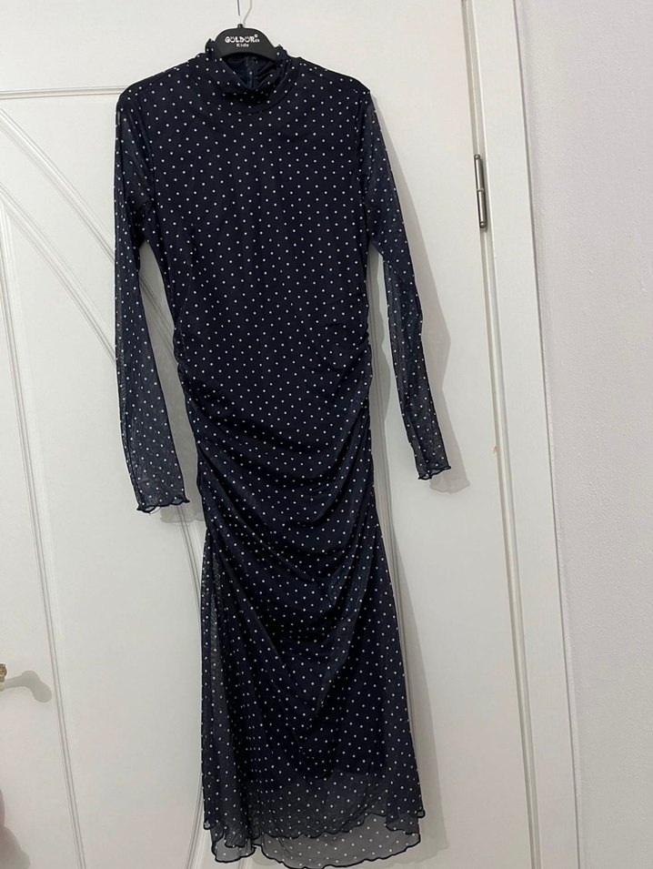 Puantiye Desenli Lacivert Uzun Kollar Uzun Elbise - Görsel 3