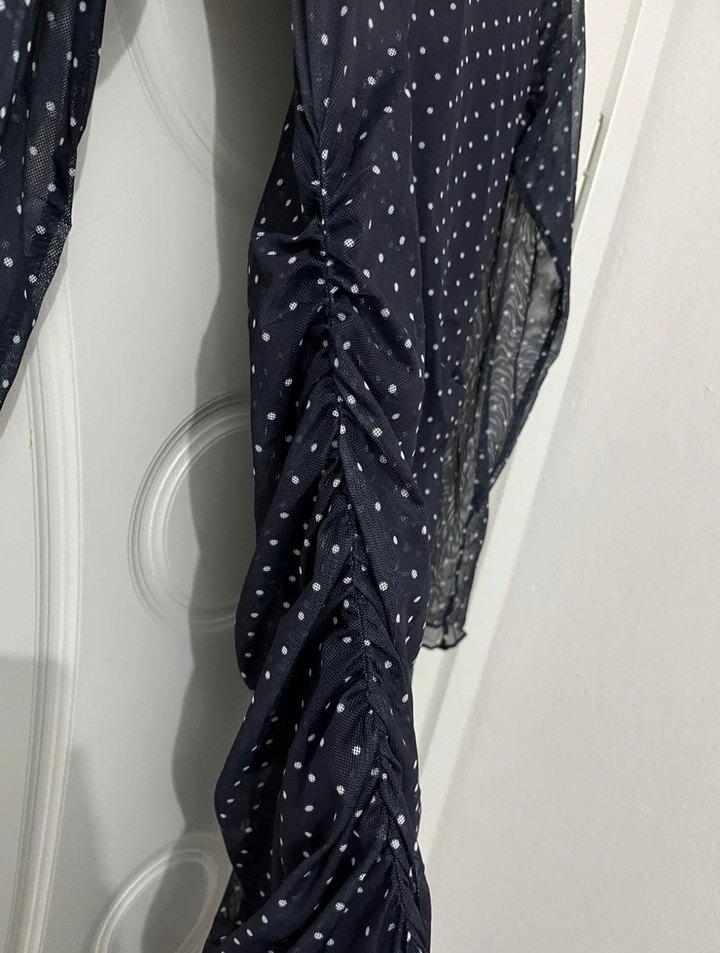 Puantiye Desenli Lacivert Uzun Kollar Uzun Elbise - Görsel 5