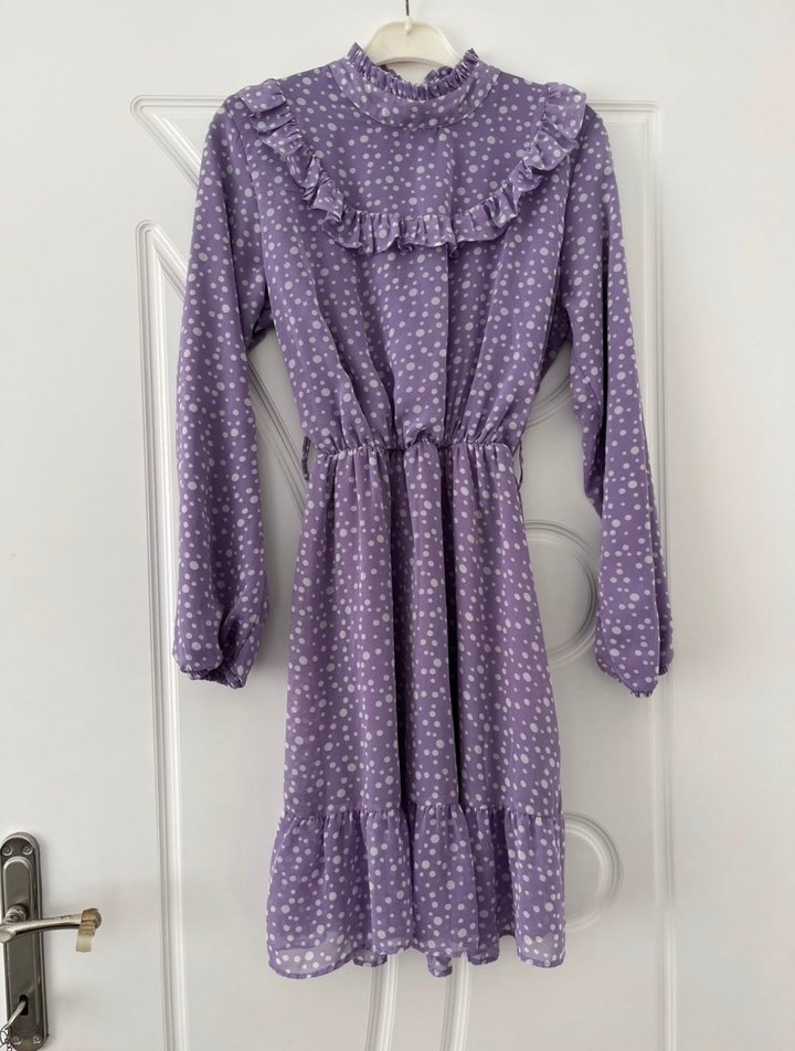 Uzun Kollu Mor Desenli Kadın Elbise - Görsel 2