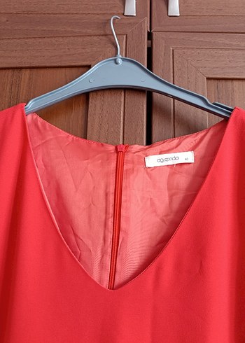 Kırmızı V Yaka Uzun Kadın Elbise - Görsel 2