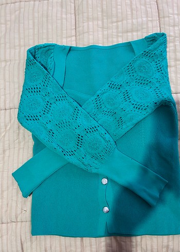 Düğmeli Turkuaz Kadın Triko Bluz - Görsel 2