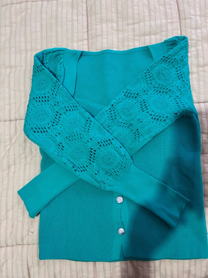 Düğmeli Turkuaz Kadın Triko Bluz - Görsel 2