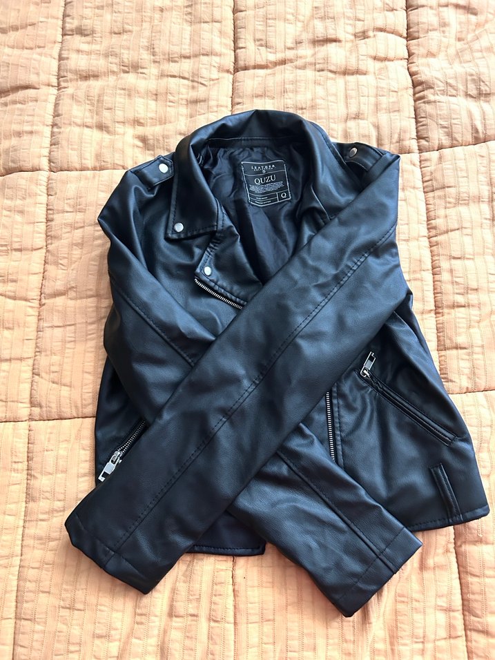 Kadın Siyah Deri Biker Ceket - Görsel 4