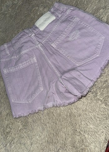 Kadın Lila Mini Jean Şort Düğmeli - Görsel 3