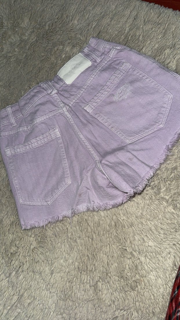 Kadın Lila Mini Jean Şort Düğmeli - Görsel 3