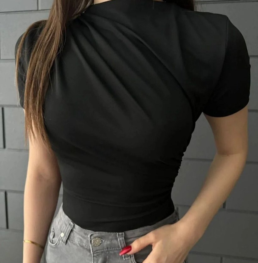 Drapeli Siyah Kadın Bluz - Görsel 2