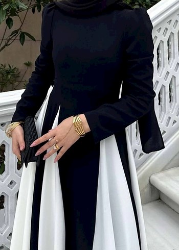 Uzun Siyah Beyaz Pilili Vera Kadın Elbise - Görsel 7