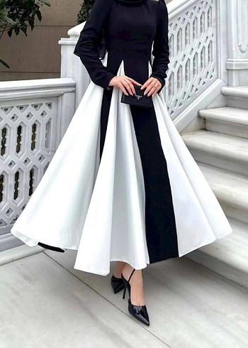 Uzun Siyah Beyaz Pilili Vera Kadın Elbise - Görsel 2