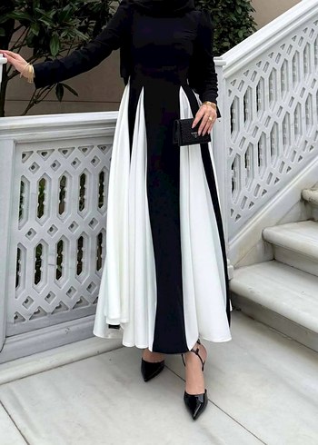 Uzun Siyah Beyaz Pilili Vera Kadın Elbise - Görsel 5