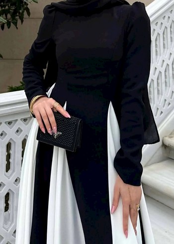 Uzun Siyah Beyaz Pilili Vera Kadın Elbise - Görsel 8