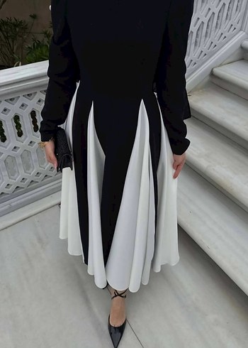 Uzun Siyah Beyaz Pilili Vera Kadın Elbise - Görsel 3