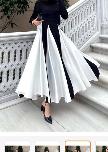 Uzun Siyah Beyaz Pilili Vera Kadın Elbise - Görsel 4