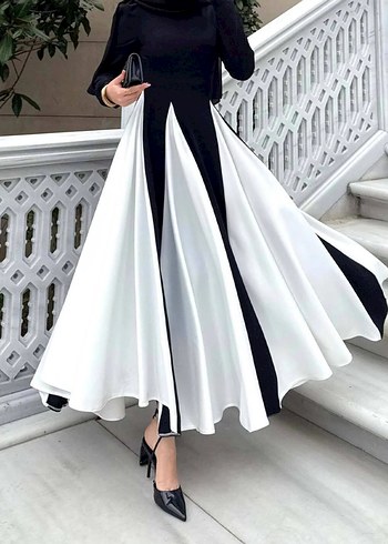 Uzun Siyah Beyaz Pilili Vera Kadın Elbise - Görsel 6