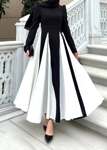 Uzun Siyah Beyaz Pilili Vera Kadın Elbise - Görsel 9