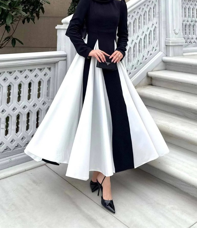 Uzun Siyah Beyaz Pilili Vera Kadın Elbise - Görsel 2