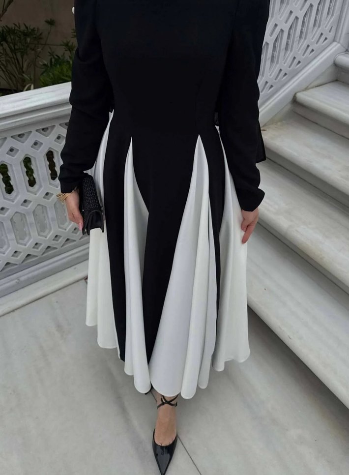 Uzun Siyah Beyaz Pilili Vera Kadın Elbise - Görsel 3