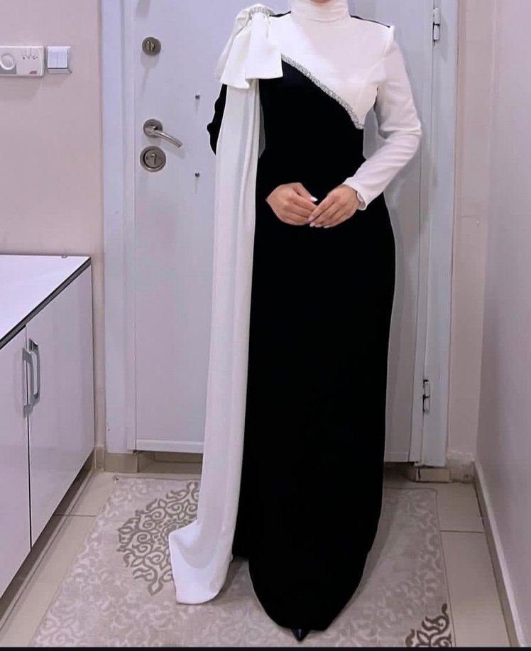 Kadın Beyaz Siyah Uzun Abiye Elbise - Görsel 2