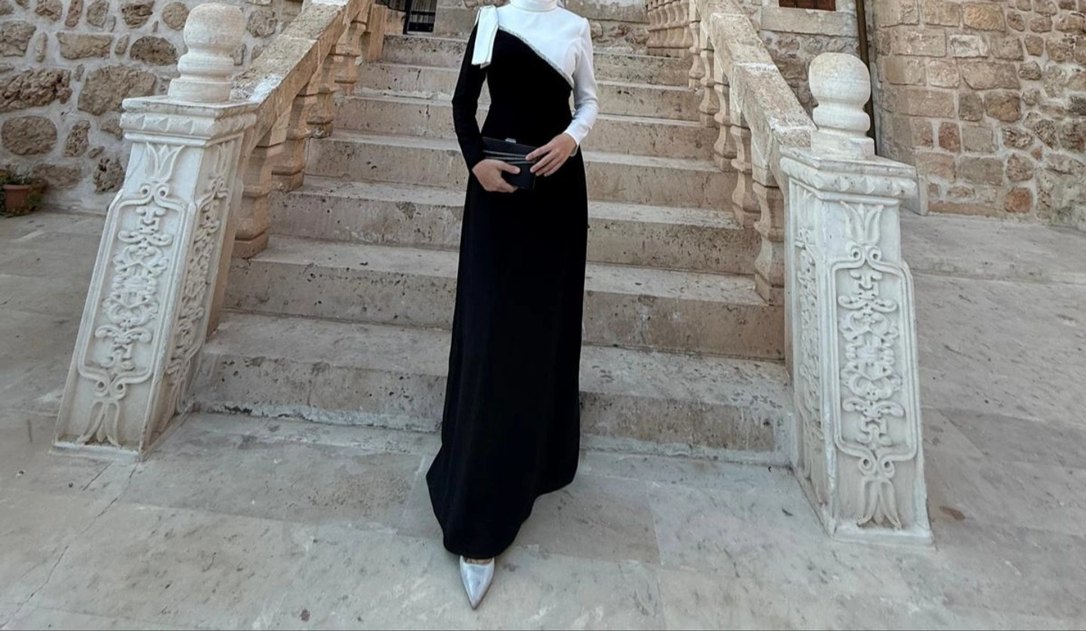 Kadın Beyaz Siyah Uzun Abiye Elbise - Görsel 3