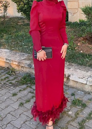 Bordo Uzun Kollu Drapeli Abiye Elbise - Görsel 2