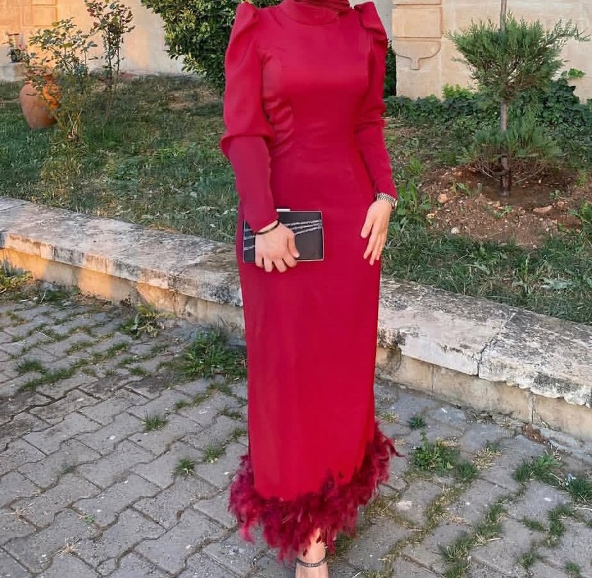 Bordo Uzun Kollu Drapeli Abiye Elbise - Görsel 2