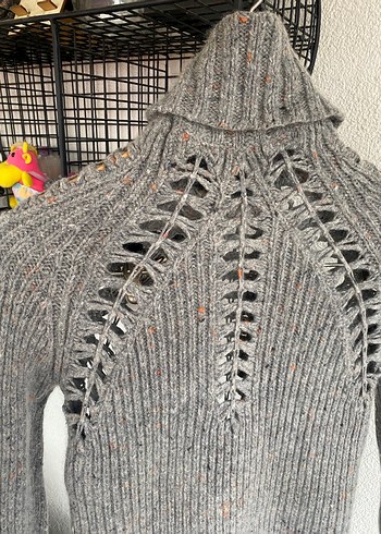 Mango Bohem Gri Örgü Boğazlı Kazak - Görsel 3