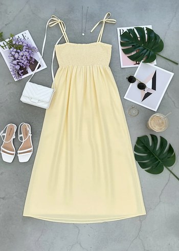 L Beden Pastel Sarı Smoklu Midi Elbise - Sadece 2 Kez Giyildi  - Görsel 3