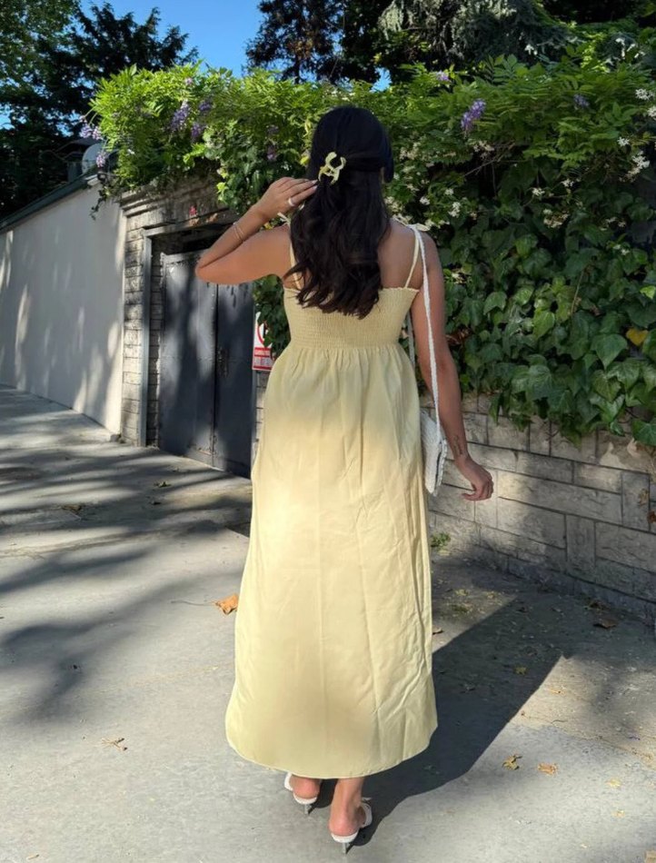 L Beden Pastel Sarı Smoklu Midi Elbise - Sadece 2 Kez Giyildi  - Görsel 2