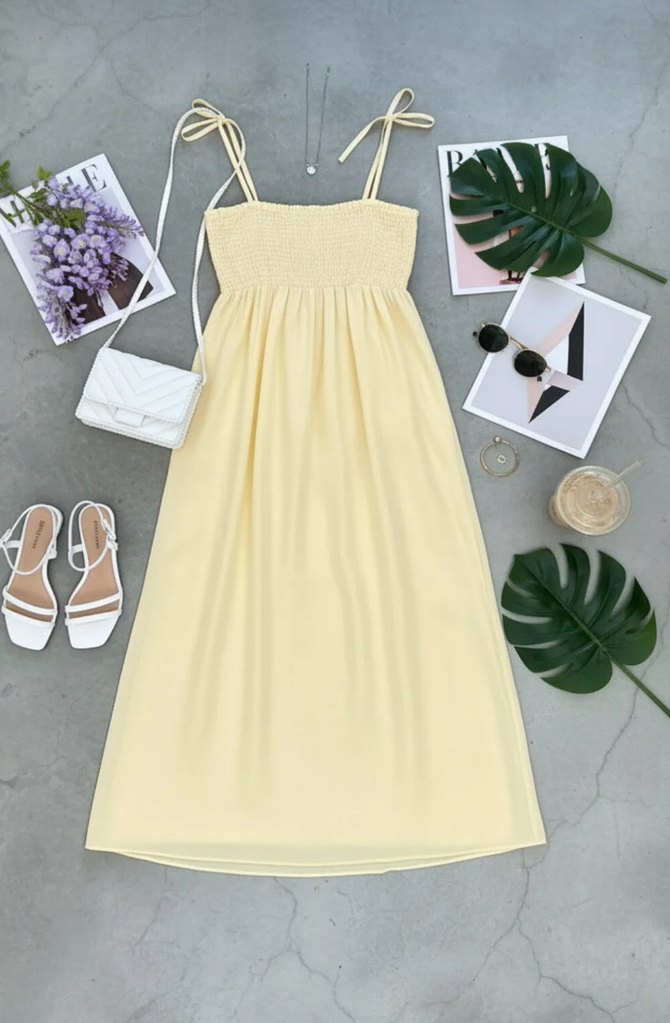 L Beden Pastel Sarı Smoklu Midi Elbise - Sadece 2 Kez Giyildi  - Görsel 3