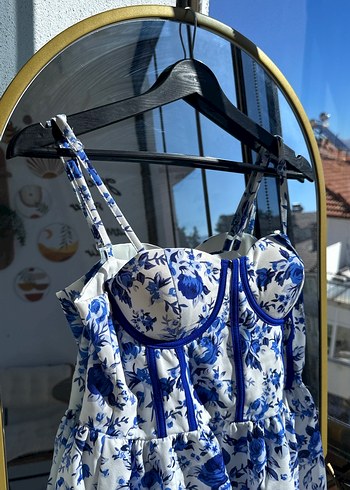 Mavi Çiçek Desenli Mini Straplez Büstiyer - Görsel 2