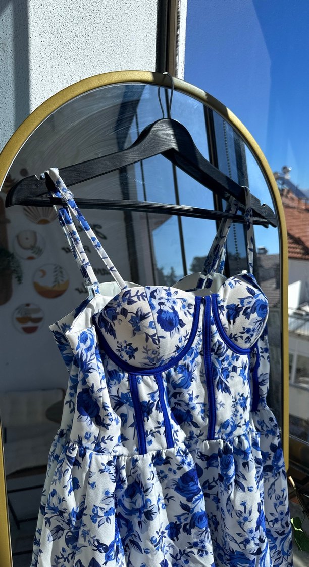 Mavi Çiçek Desenli Mini Straplez Büstiyer - Görsel 2