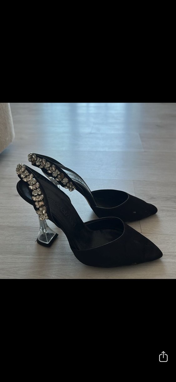 Siyah Parlak Yılan Desenli Boncuklu Topuklu Ayakkabı - Görsel 3