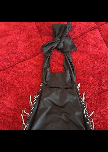 Uzun Siyah Zebra Desenli Halter Yaka Elbise - Görsel 3