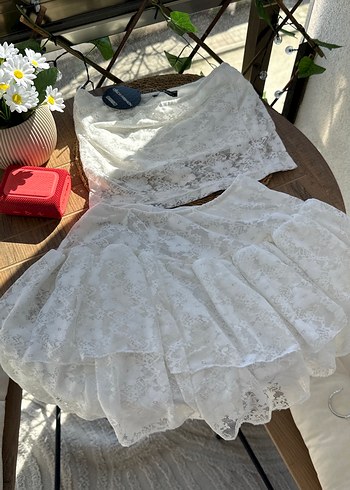 Beyaz Dantelli Mini Bohem Gelinlik - Görsel 6