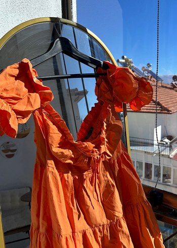 Turuncu Kat Kat Mini Keten Elbise - Görsel 2