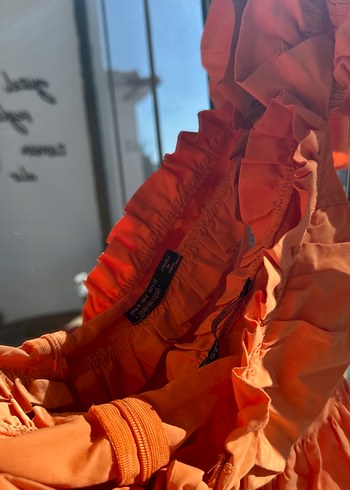 Turuncu Kat Kat Mini Keten Elbise - Görsel 3