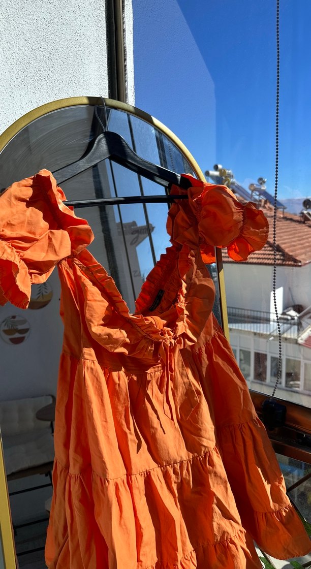 Turuncu Kat Kat Mini Keten Elbise - Görsel 2