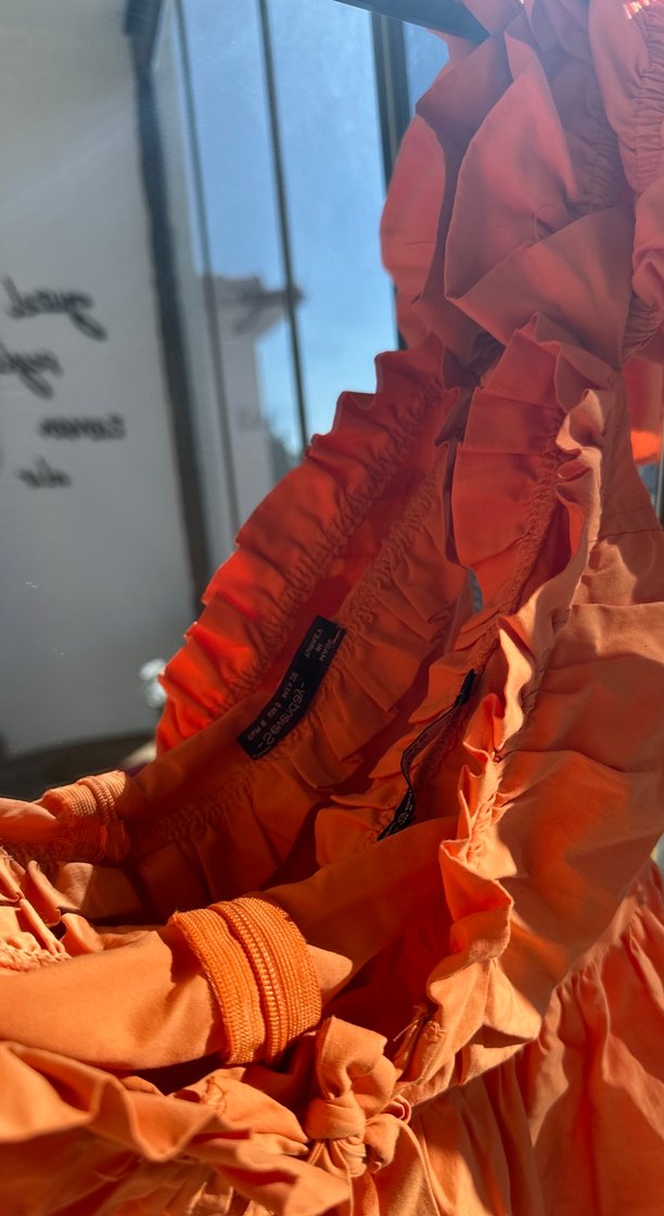 Turuncu Kat Kat Mini Keten Elbise - Görsel 3