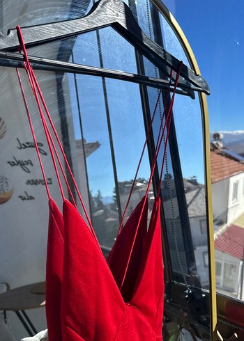 Parlak Kırmızı V Yaka Drapeli Midi Elbise - Görsel 3