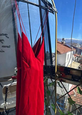 Parlak Kırmızı V Yaka Drapeli Midi Elbise - Görsel 2