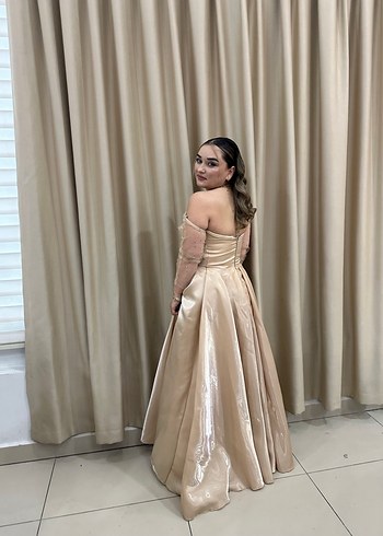 Bej Parlak Drapeli Uzun Abiye Elbise - Görsel 3