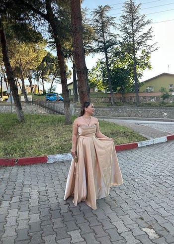 Bej Parlak Drapeli Uzun Abiye Elbise - Görsel 4