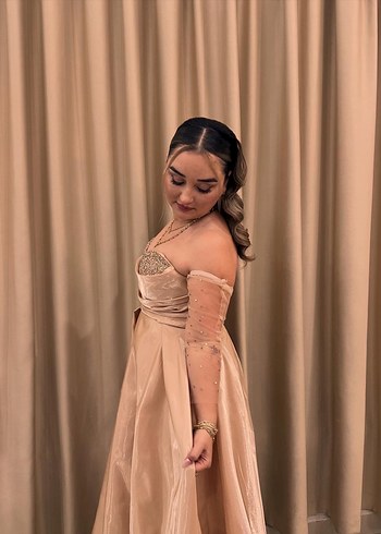 Bej Parlak Drapeli Uzun Abiye Elbise - Görsel 2