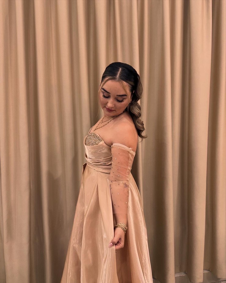 Bej Parlak Drapeli Uzun Abiye Elbise - Görsel 2